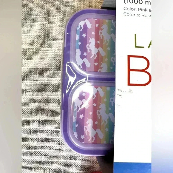 NEW 2 pk Bento Box Kinsho BPA free 34 fl oz w/utensils unicorns and bird prints - Picture 6 of 7